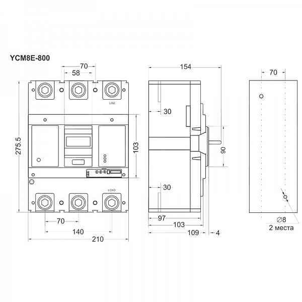 Автоматичний вимикач YCM8E-250H з електронним розчеплювачем креслення